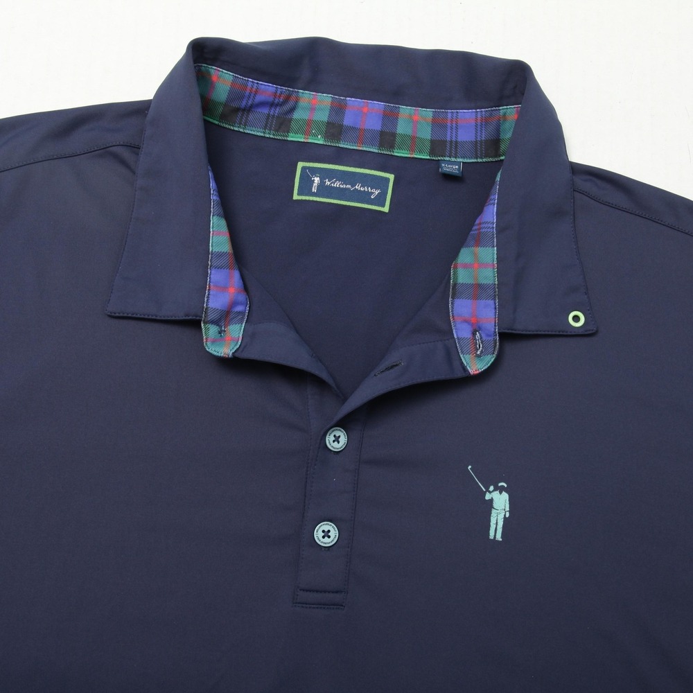 William Murray Polo Shirt Mens XL Navy Golf Performance Plaid Trim Short Sleeve